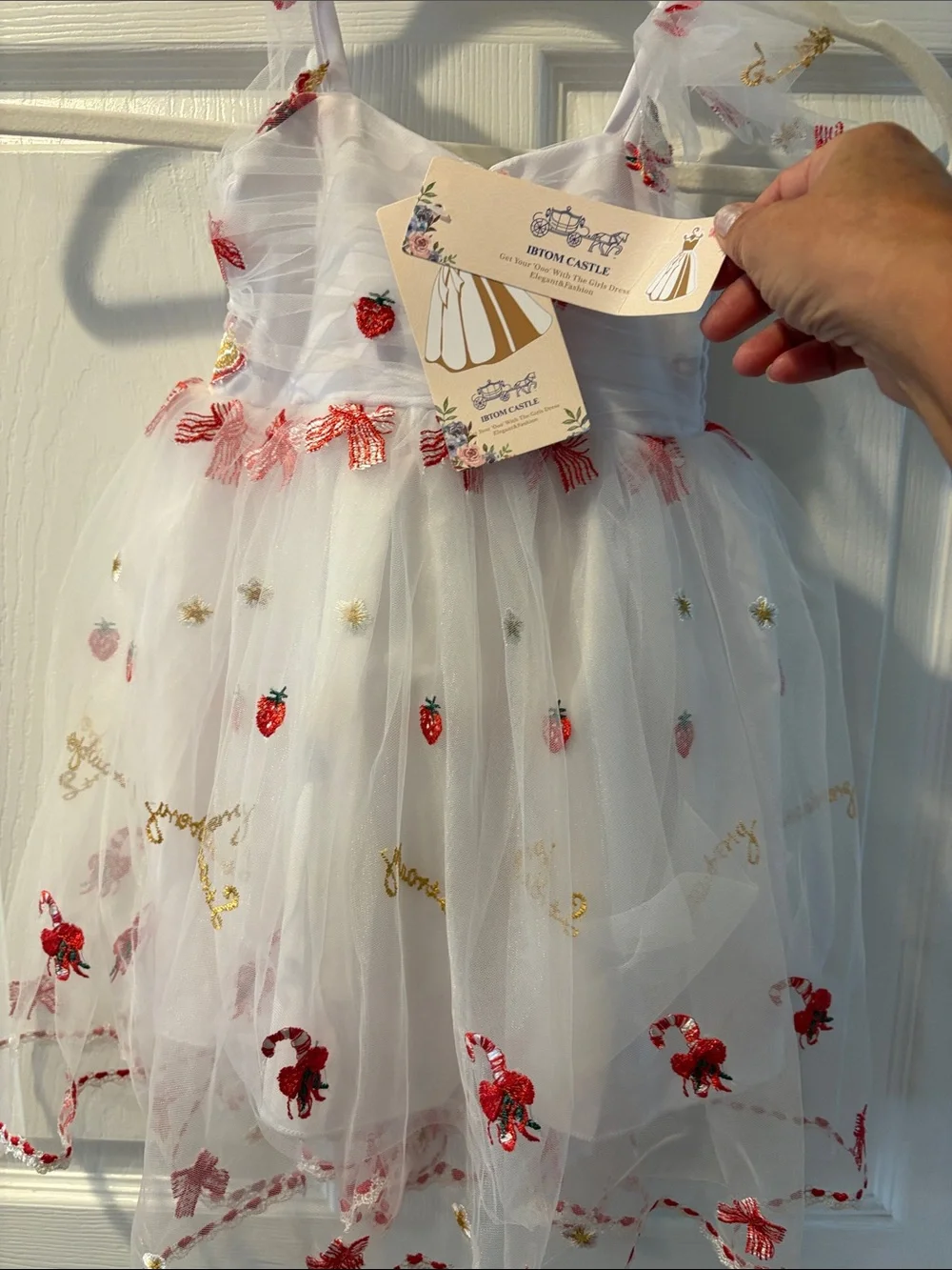 Girls White Strawberry Tulle Party Dress with Bows